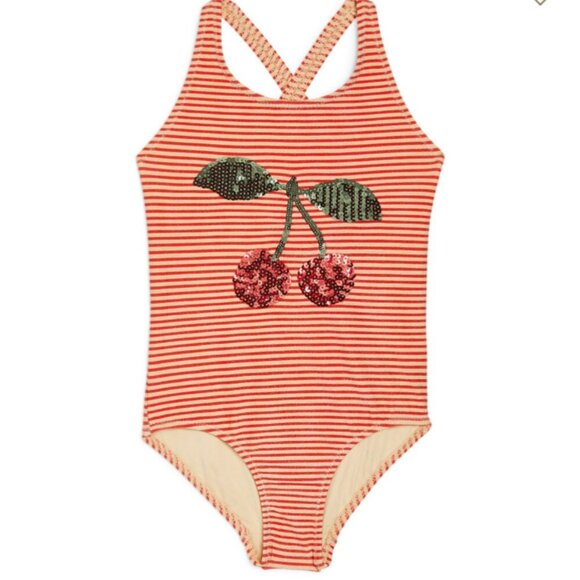 Konges Slojd Jade Cherry Swimsuit Girls Size 2 Sequins Stripes One Piece - Picture 1 of 6